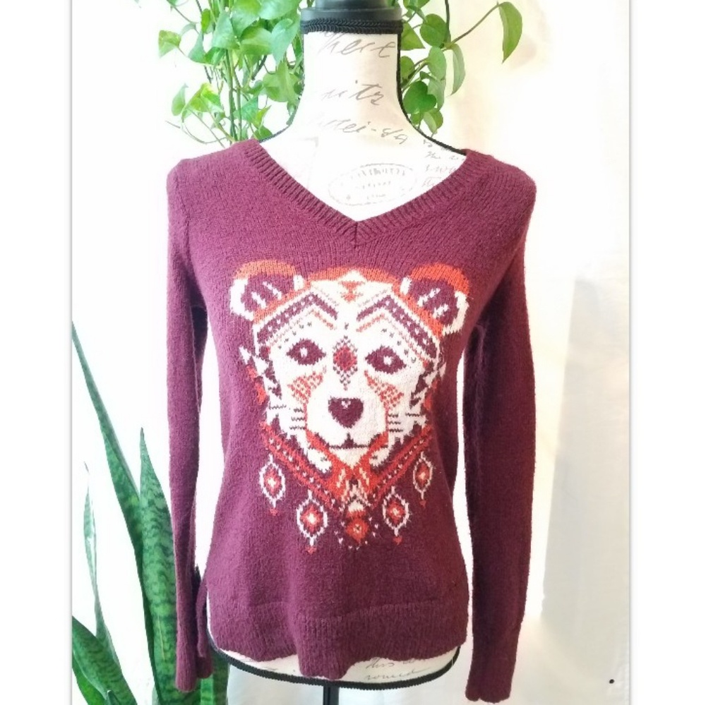 Hollister Fuzzy Tribal Burgandy Bear Sweater